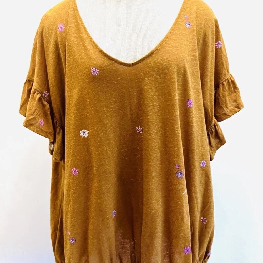 NWT SONOMA Women Short Sleeve Pull Over Elastic Waist Floral Blue Shirt Size 3X
